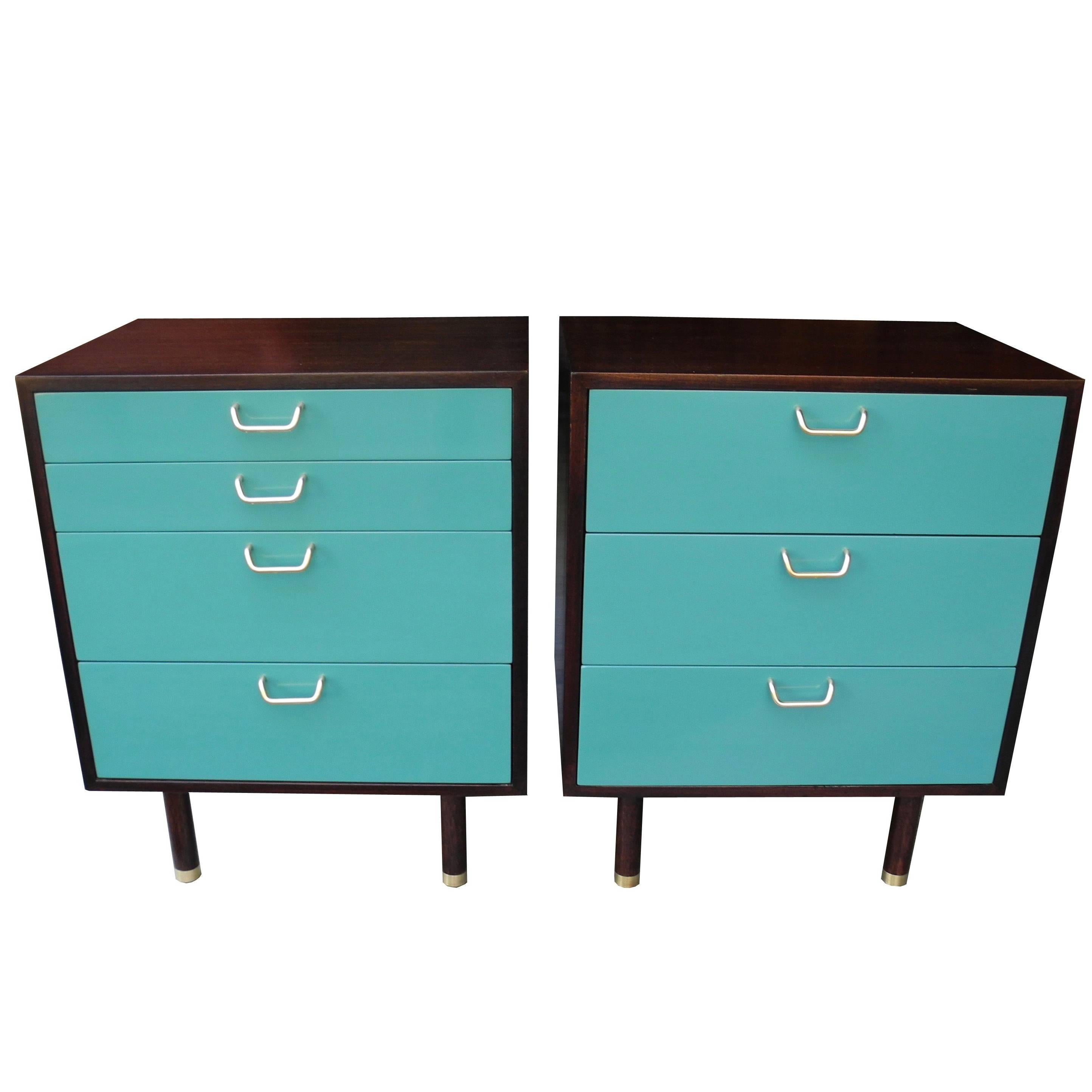 Pair of Mahogoany and Teal Color Modern Nightstands by Harvey Probber For Sale