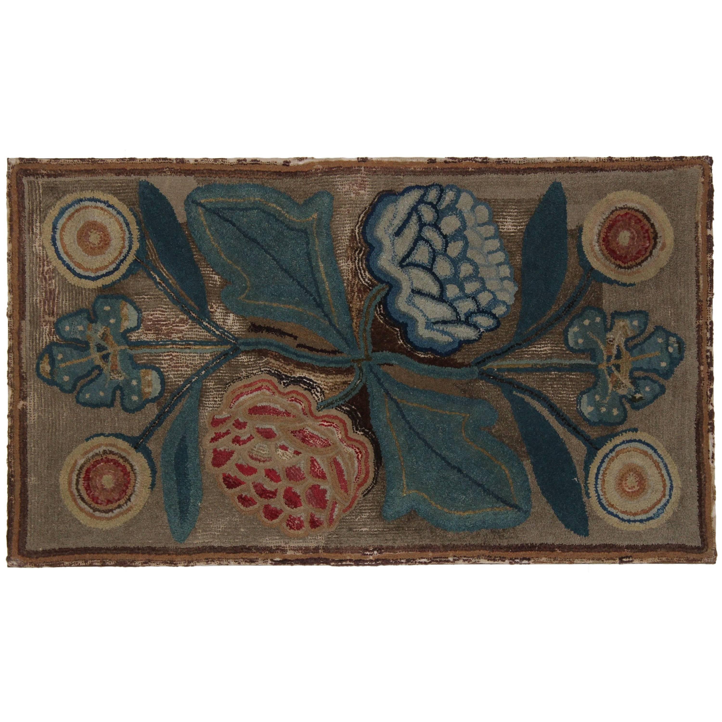 Early Floral Hooked Rug For Sale