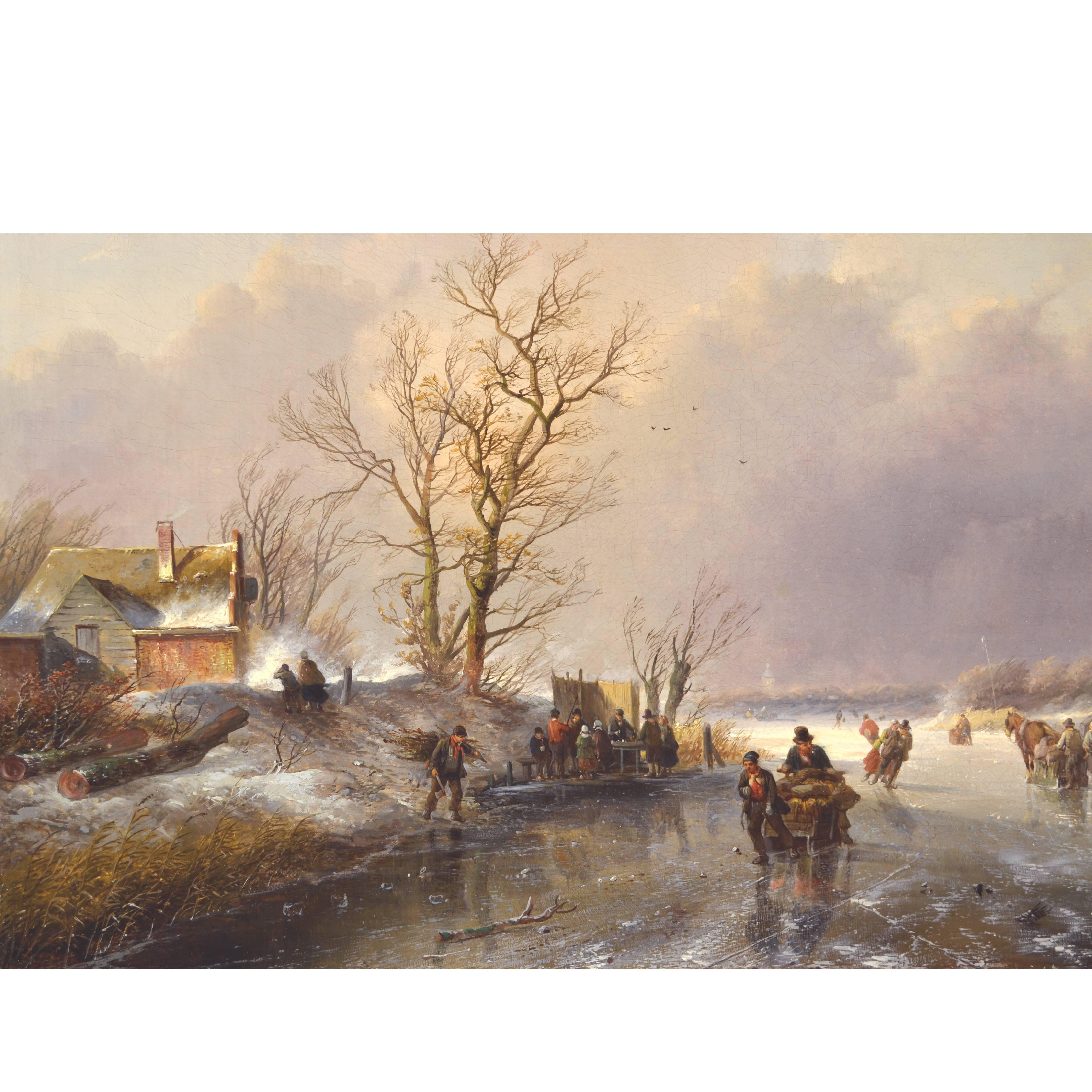 "Frozen River" Painting by Jan Jacob Spohler, 19th Century Winter Scene For Sale