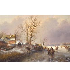 Antique "Frozen River" Painting by Jan Jacob Spohler, 19th Century Winter Scene