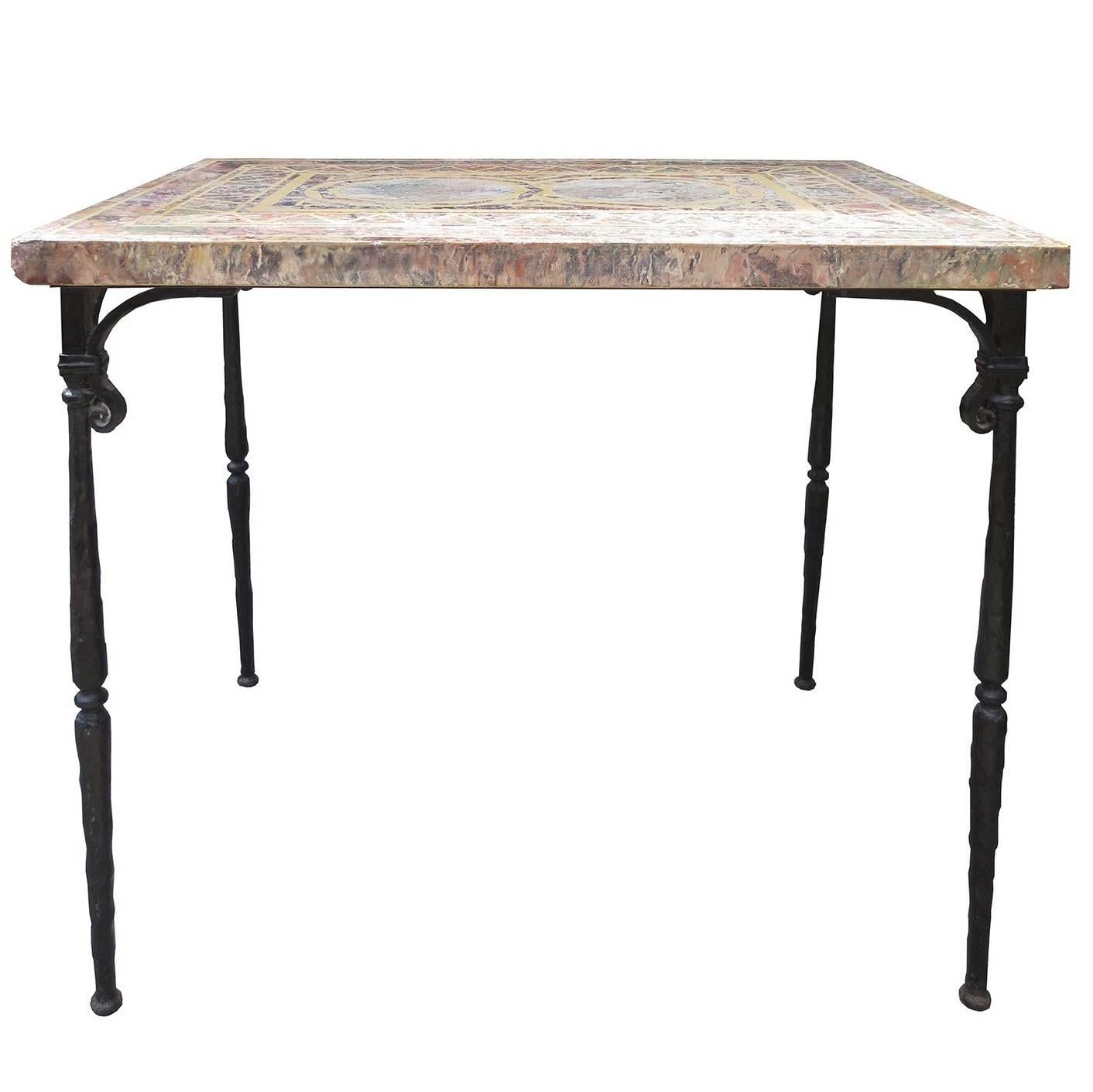 Early 20th Century Italian Pietra Dura Top Table with Old Iron Base