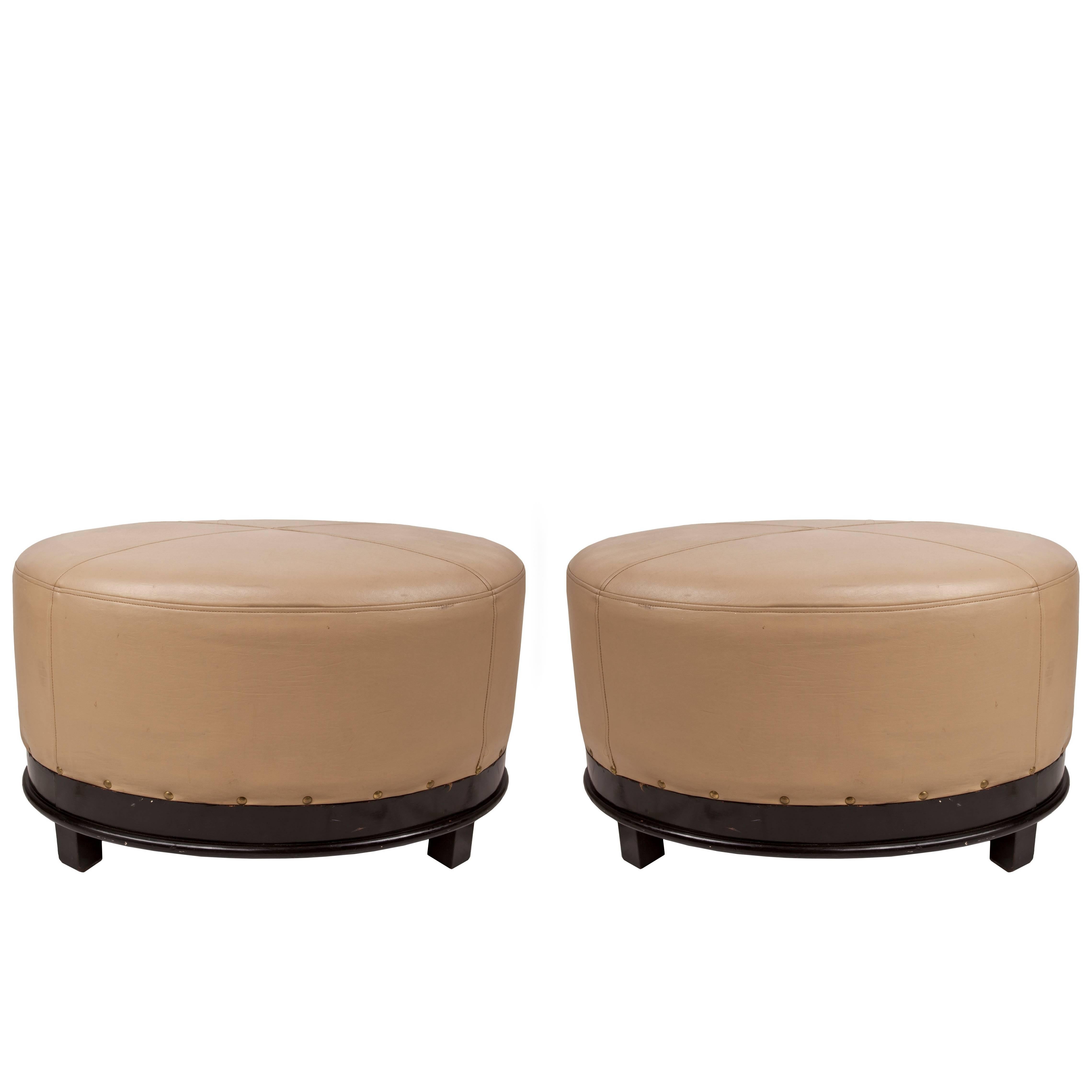 Pair of Mid-Century Modern Tan Leather and Mahogany Ottomans