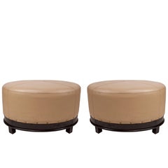 Pair of Mid-Century Modern Tan Leather and Mahogany Ottomans