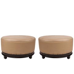 Pair of Mid-Century Modern Leather and Mahogany Ottomans 1