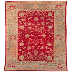 Early 20th Century Handmade Turkish Oushak Room Size Carpet in Red and Grey