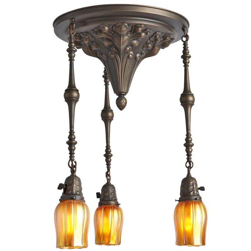 Incredible Classical Revival Three-Light Shower with Art Glass, circa 1920s For Sale