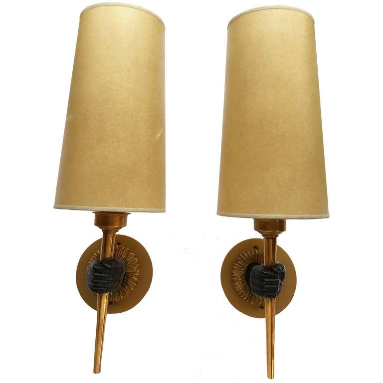 Vintage Set of Two Double Sconces Wall Lamps with Yellow Shades Mid century lighting