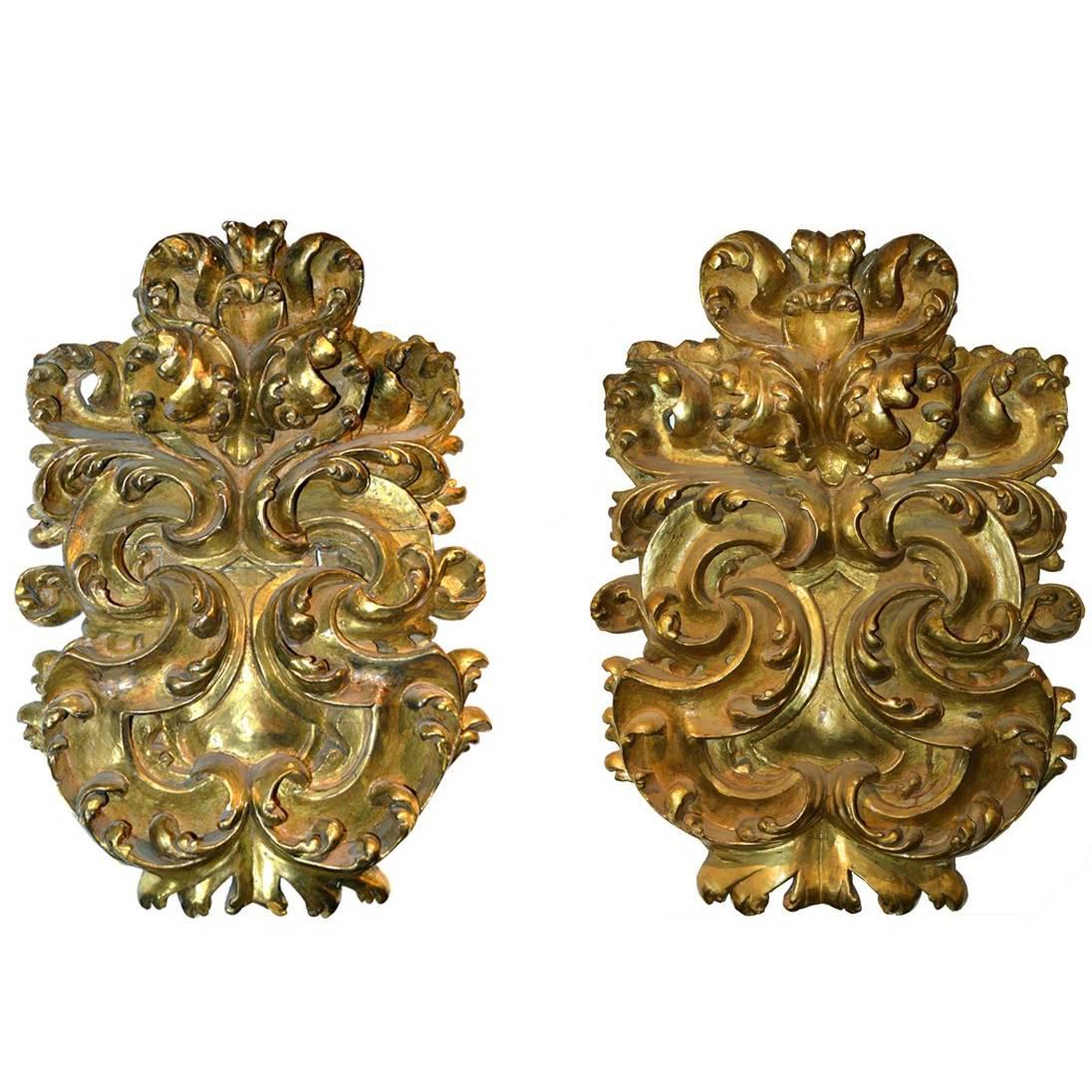 Massive Pair of 17th Century Baroque Italian Gold Gilt Wall Hangings or Sconces
