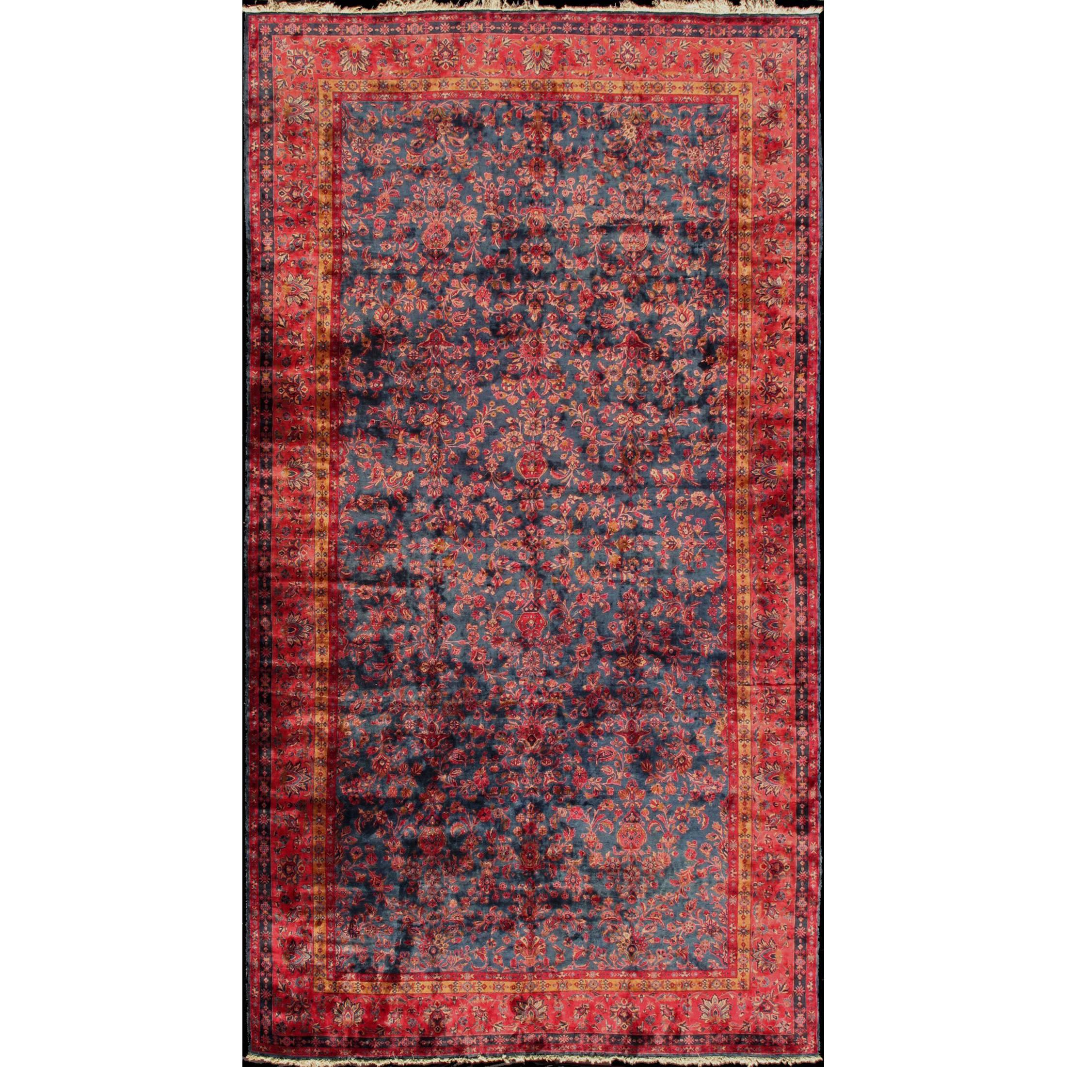 Antique Fine Manchester Kashan Rug from Iran with Silk Wool in Blue and Red For Sale