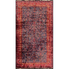 Tapis ancien Manchester Kashan d'Iran en laine de soie bleue et rouge