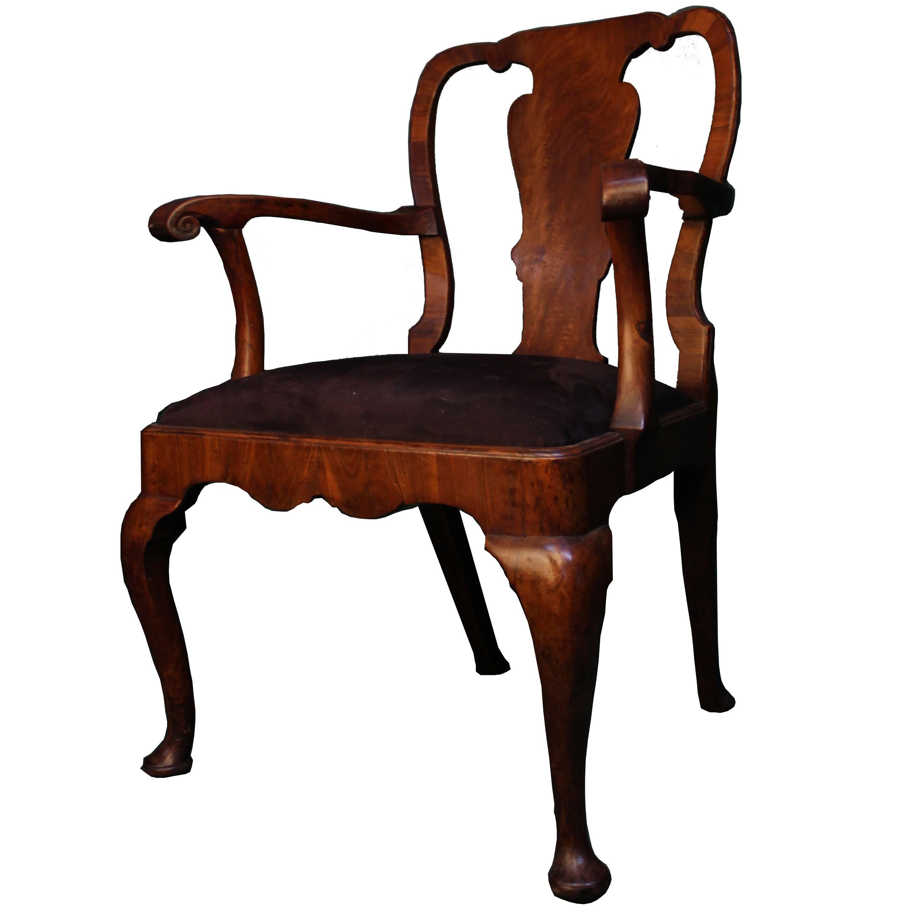 Antique Queen Anne Period Walnut Armchair For Sale