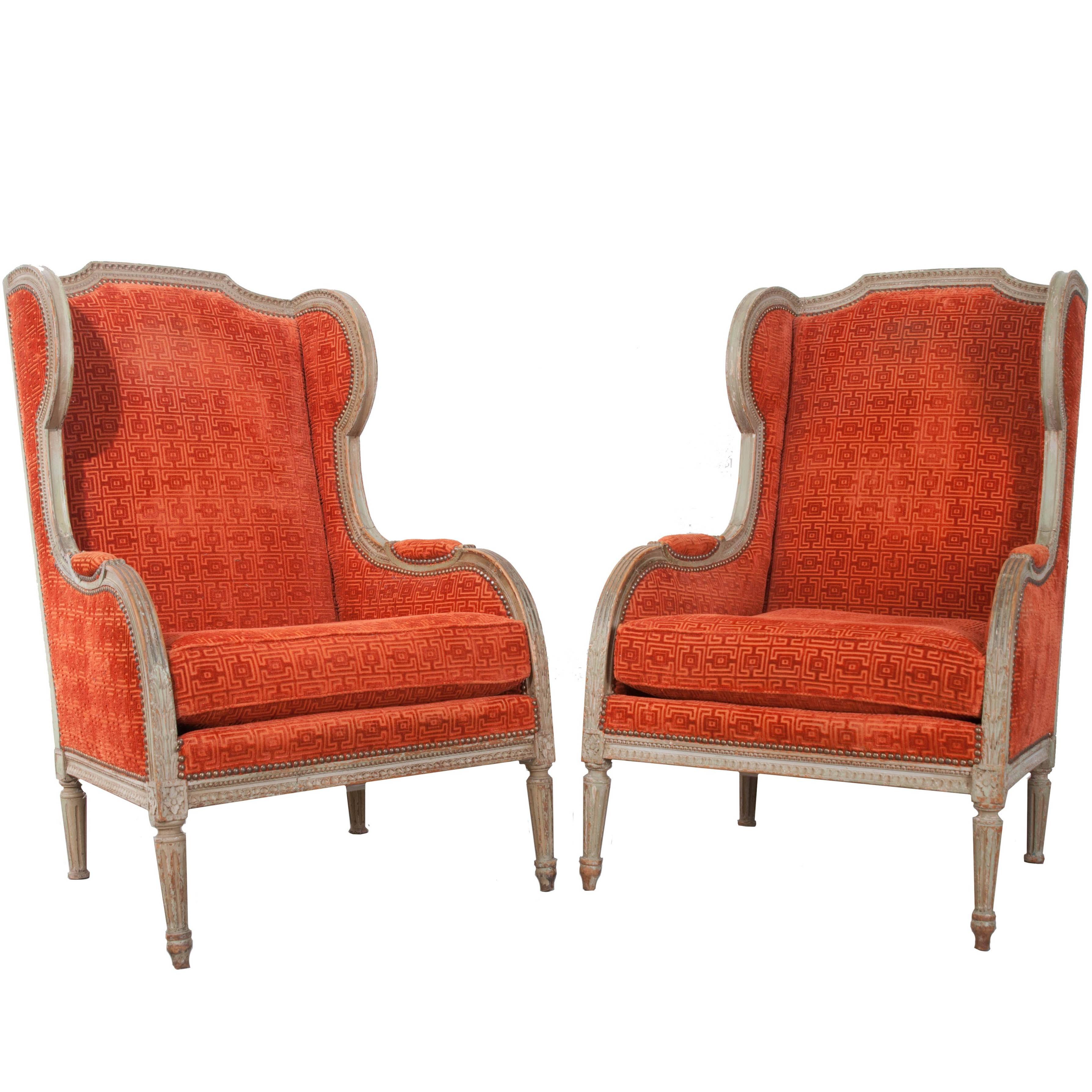 Pair of French 19th Century Louis XVI Wingback Bergères