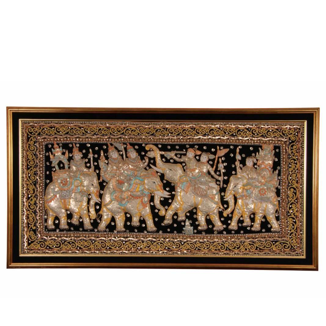 Framed Balinese Embellished Tapestry of Elephants