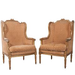 Pair of French 19th Century Louis XVI Gold Gilt Wingback Bergères