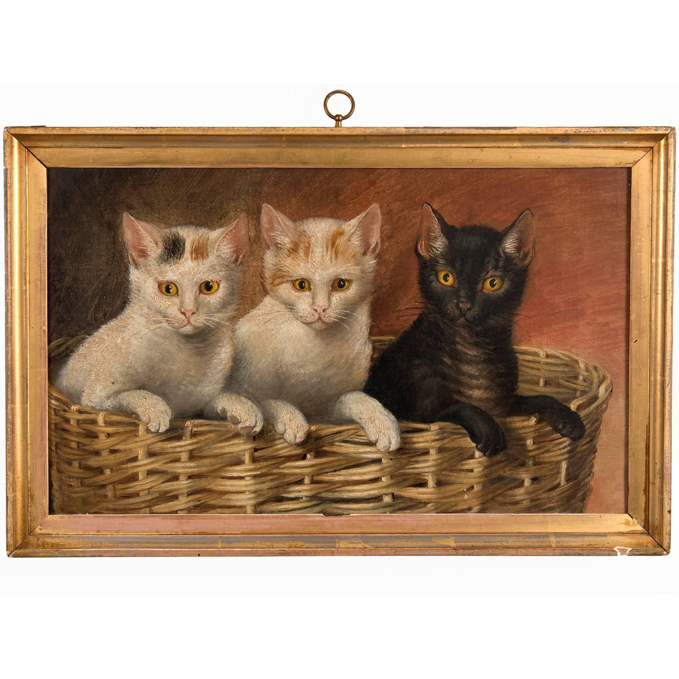 Untitled "Basket of Kittens" Oil on Canvas For Sale