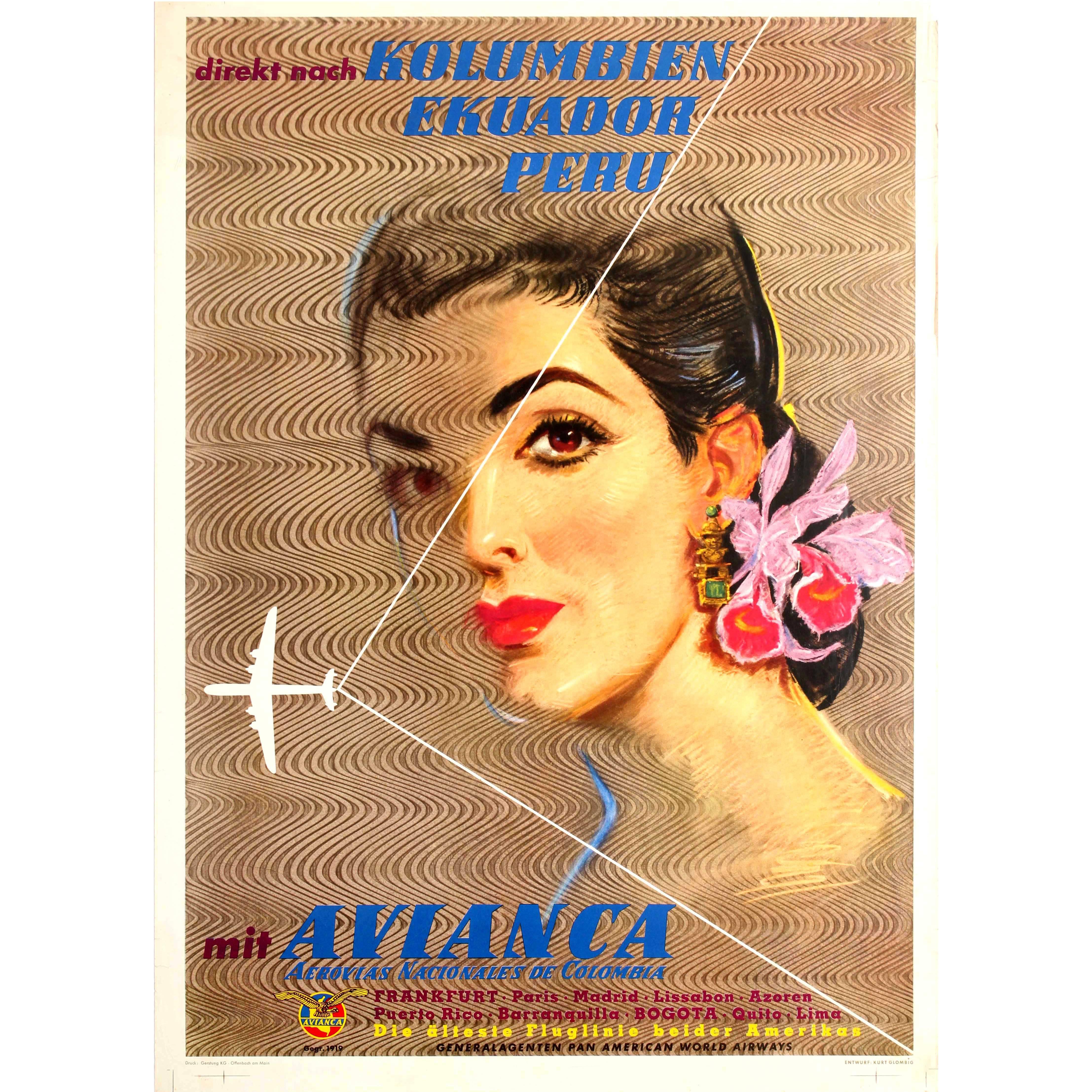 Original Vintage Airline Poster for Colombia Ecuador Peru by Avianca and Pan Am