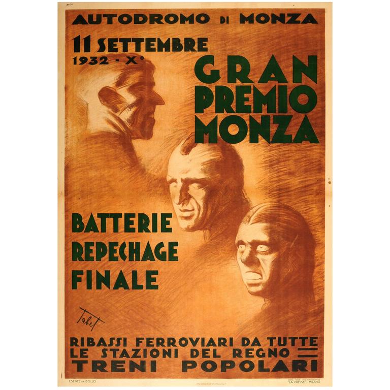 Original Vintage Formula One Car Racing Event Poster for the Monza Grand Prix For Sale