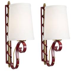 Pair of Red Lacquered Iron Sconces, French, 1950s 12