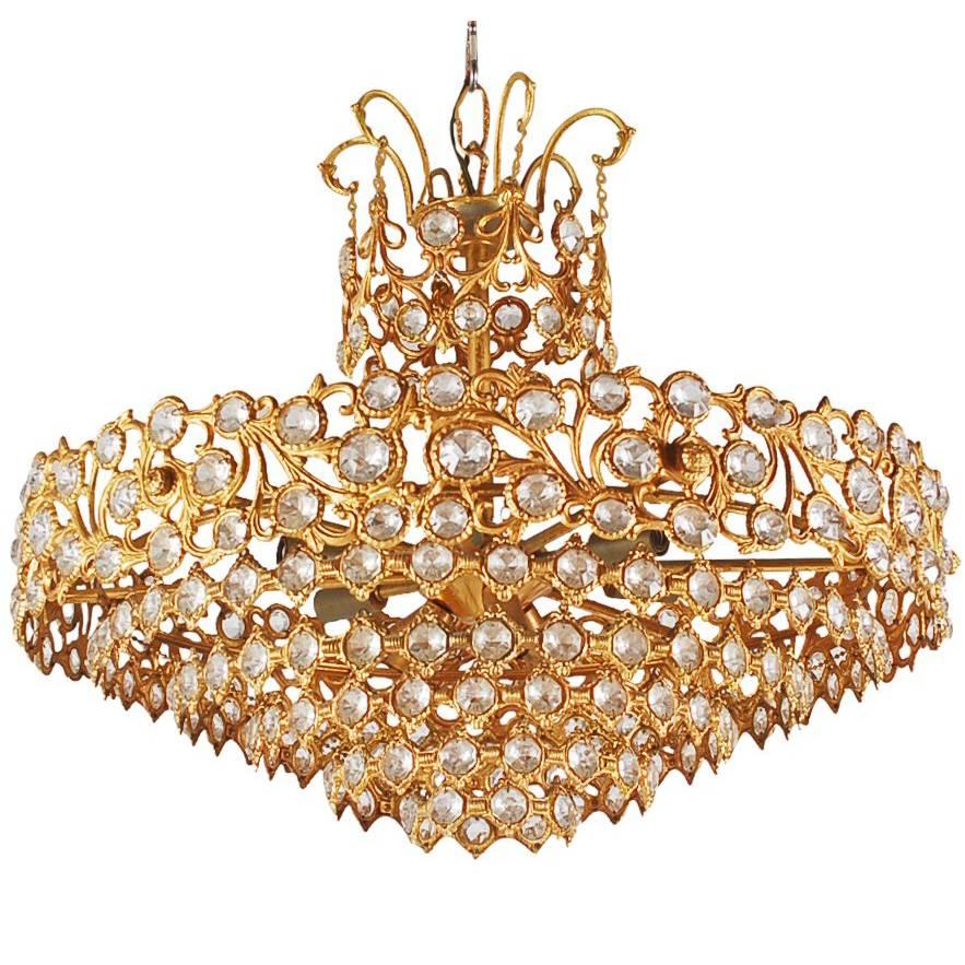 Hollywood Regency Gold Gilded French or Italian Crystal Chandelier For Sale