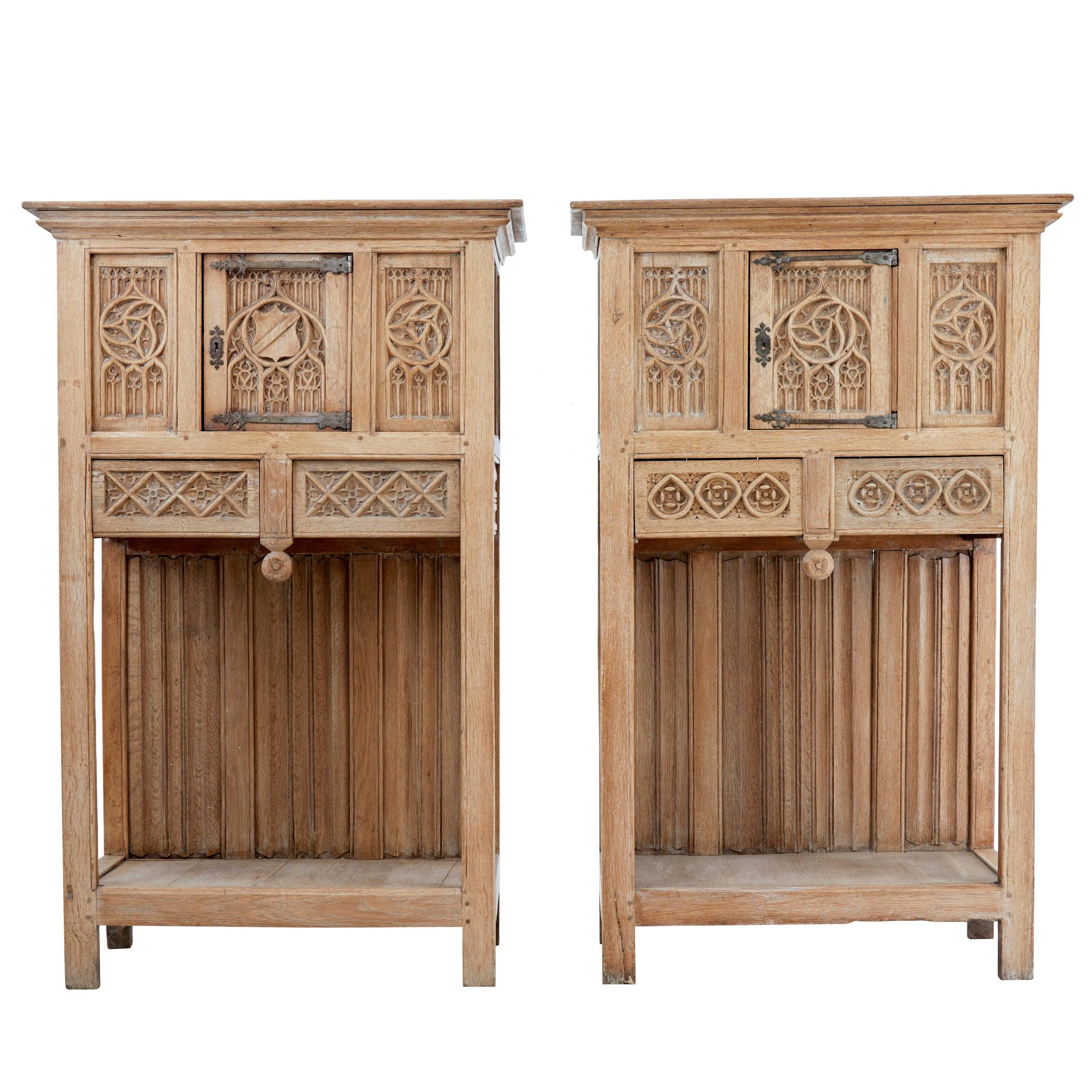 Pair of 19th Century Gothic Revival Carved Oak Cabinet on Stands