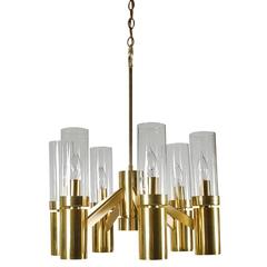 Mid-Century Modern Tubular Brass and Glass Chandelier by Sciolari for Lightolier