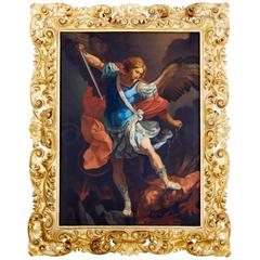 Antique Large and Important Italian 19th Century Oil on Canvas Archangel and Satan