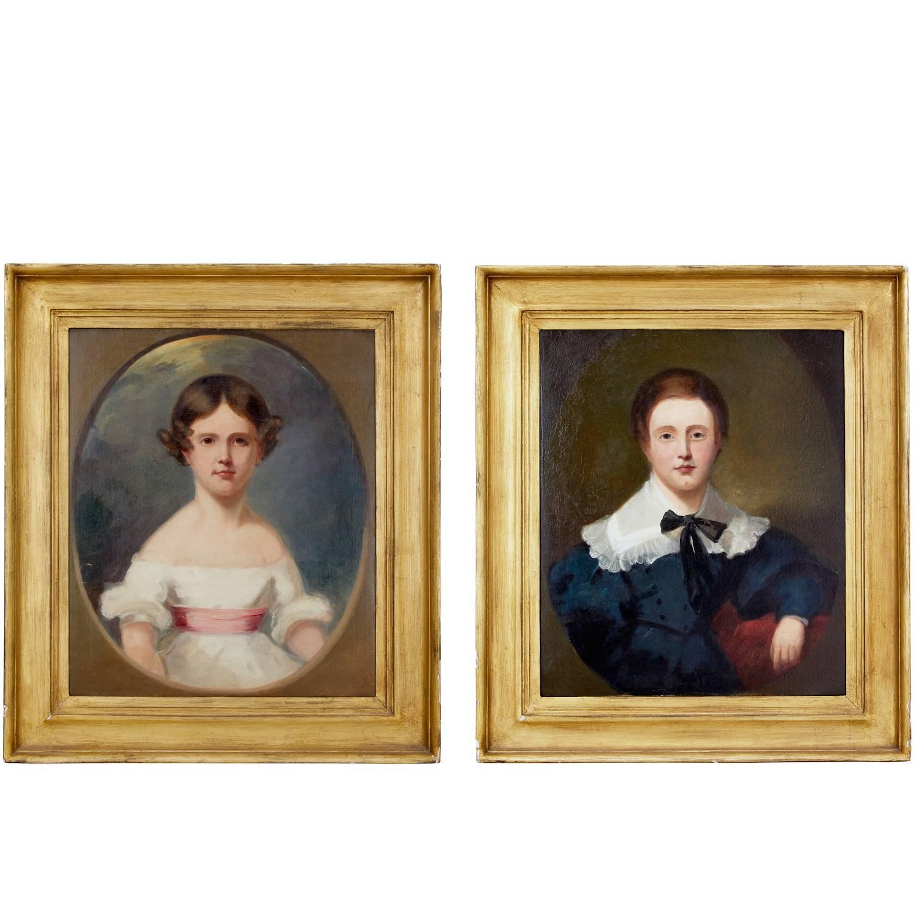 Pair of Early 19th Century Oil on Canvas Regency Child Portraits
