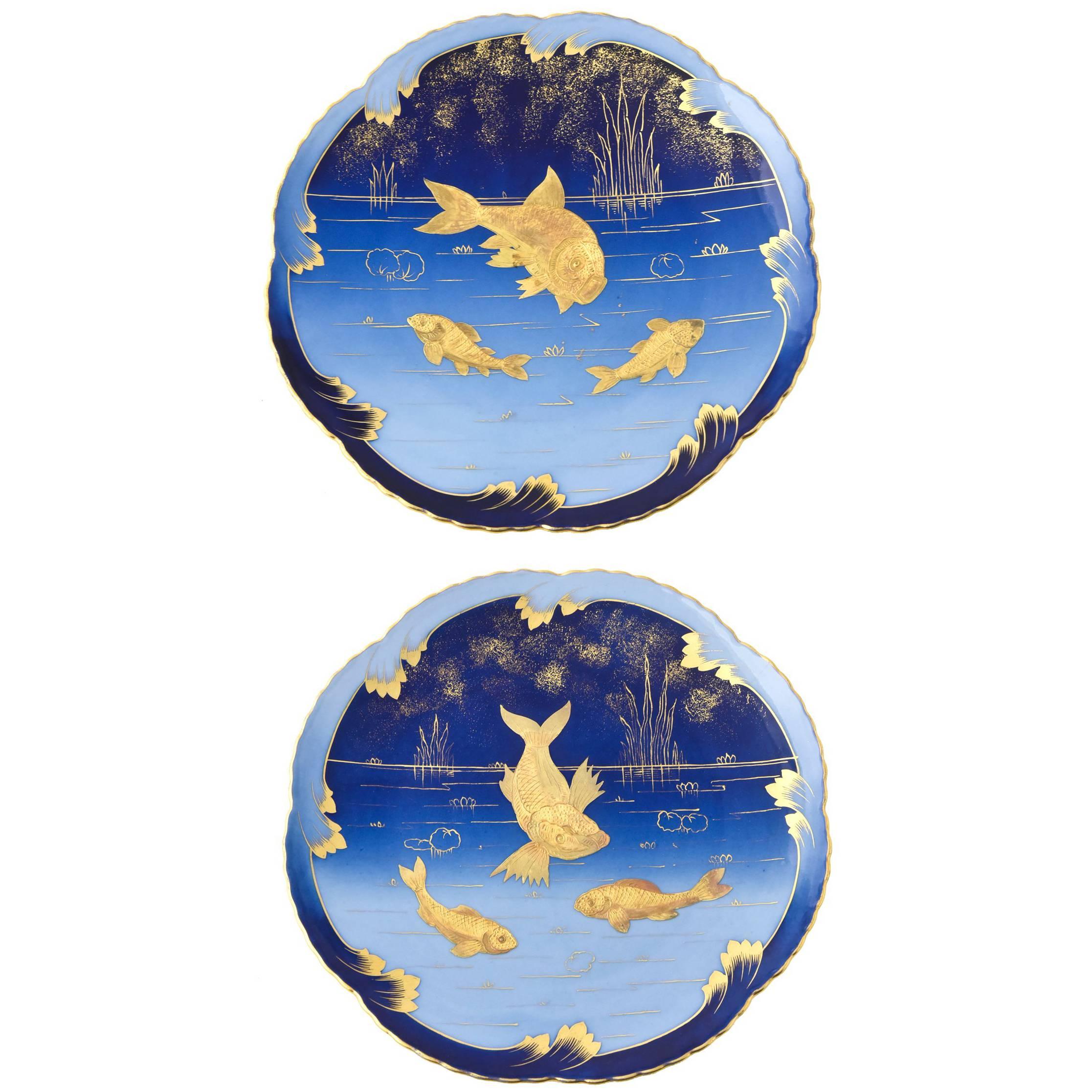 Pair of 19th Century Porcelain Gold and Blue Fish Plates By Pirkenhammer