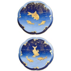 Pair of 19th Century Porcelain Gold and Blue Fish Plates By Pirkenhammer