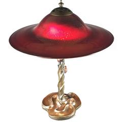 American Arts & Crafts Style Bronze Table Lamp Base and Red Glass Shade