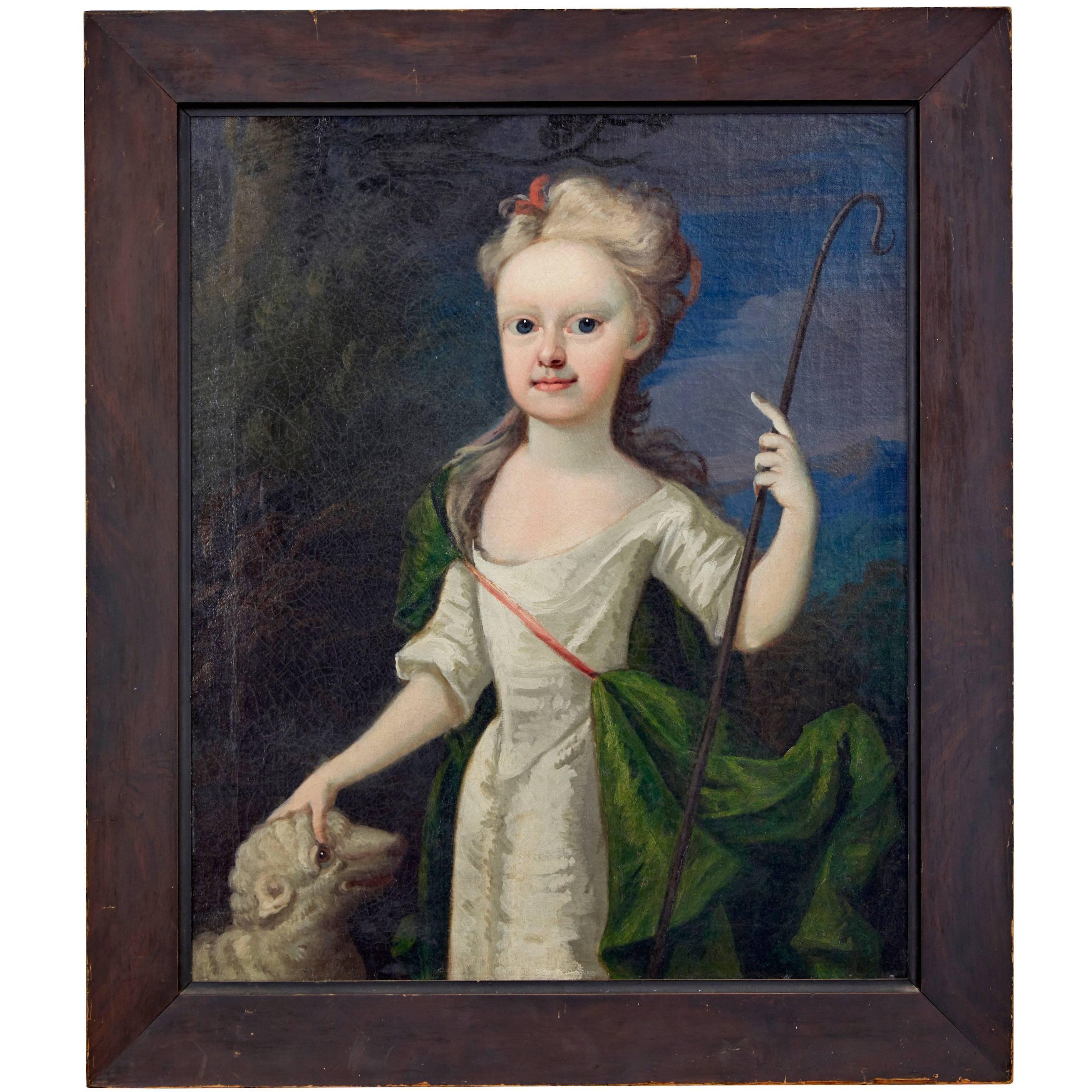 Mid-18th Century Oil on Canvas of a Young Shepherdess