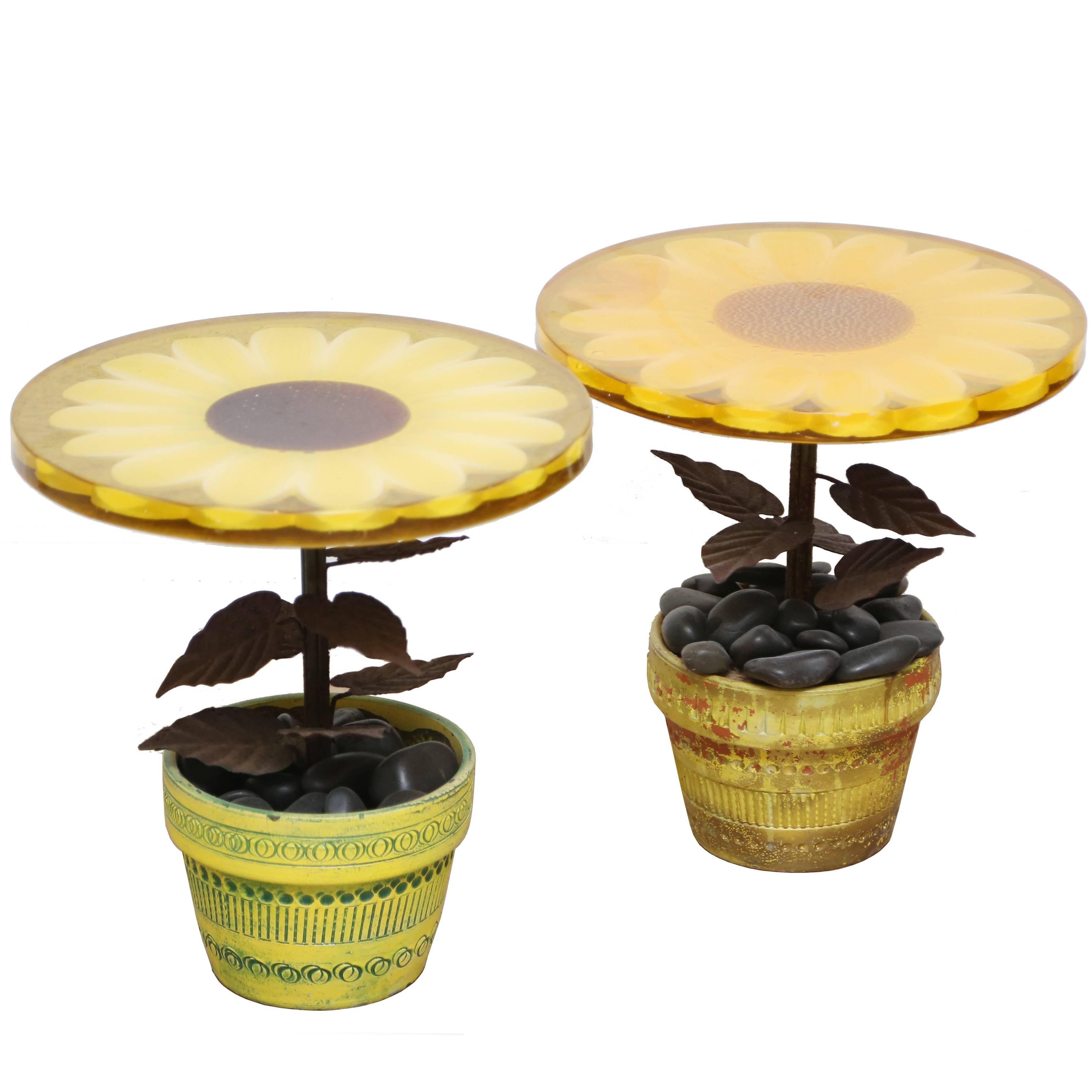 Whimsical pair of side tables with sunflower acrylic tops. Metal stems with leaves mounted on terracotta planters with great distress patina.
FREE SHIPPING: White Glove to Continental US.