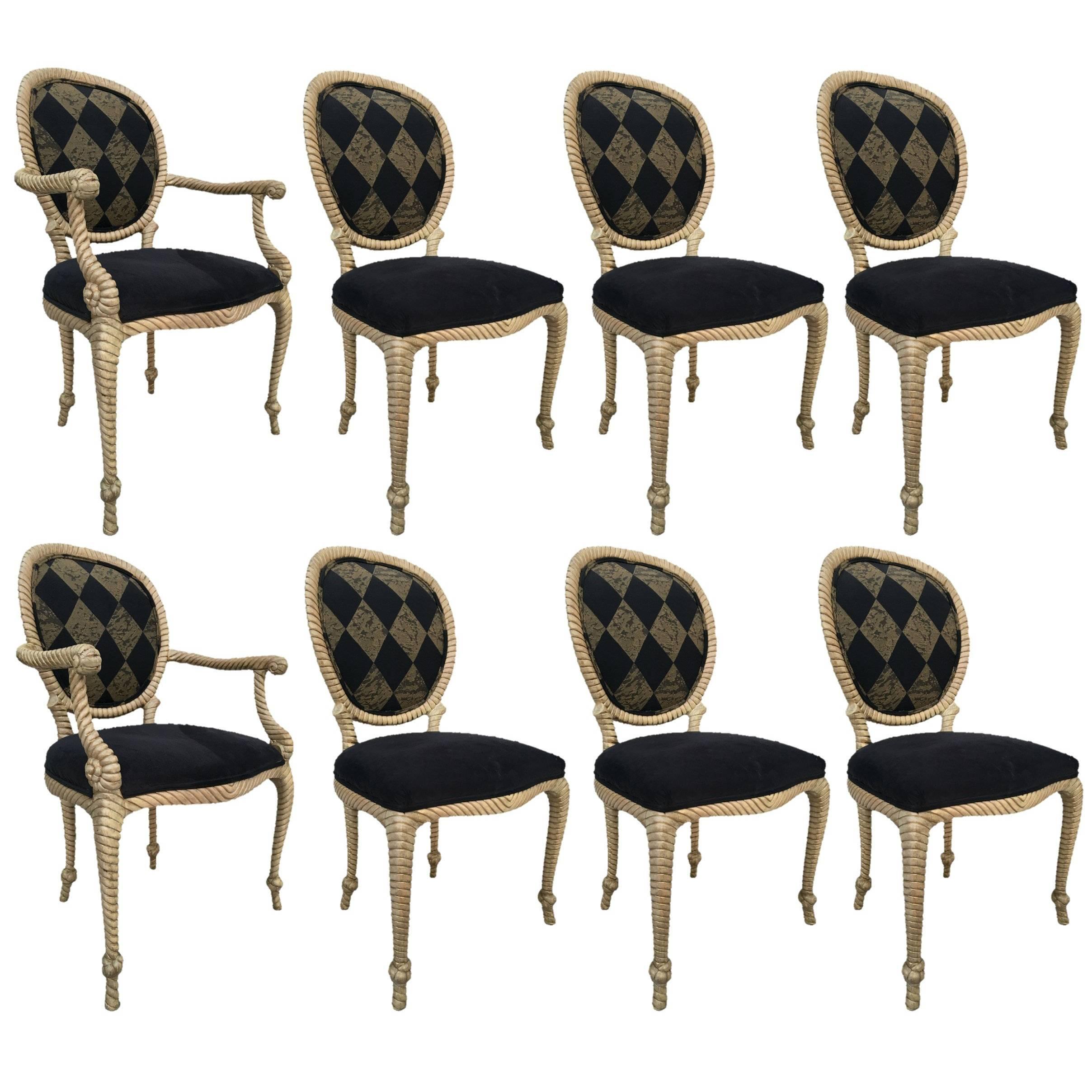 Set of Eight Vintage Carved Rope Dining Chairs For Sale