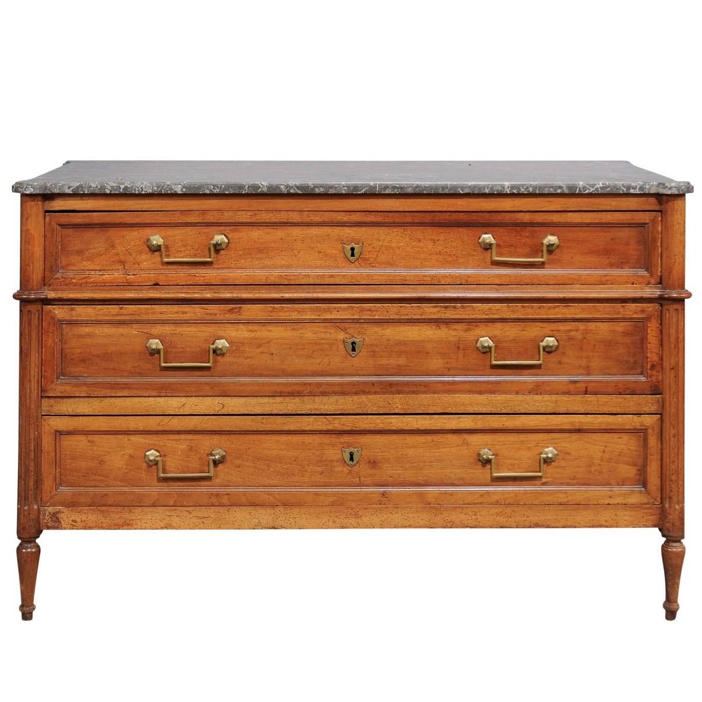 Louis XVI French Walnut Commode with Grey Marble Top