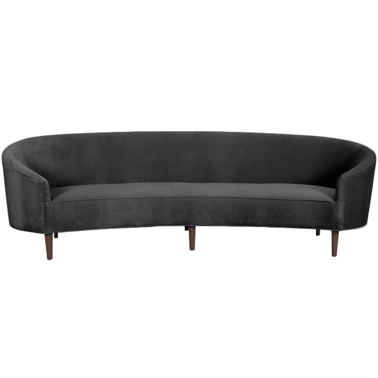 Art Deco Style Crescent Sofa with Walnut Legs in Charcoal Velvet