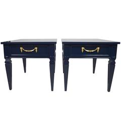 Navy Neoclassical Side Tables, Pair