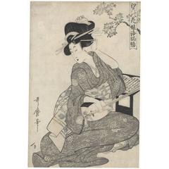 Used Utamaro I Kitagawa Ukiyo-E Japanese Woodblock Print 18th Century, Shamisen