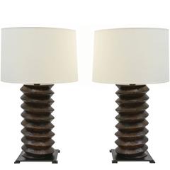Pair of Solid Walnut Wood Screw Lamps Made of Antique French Wine Press Elements