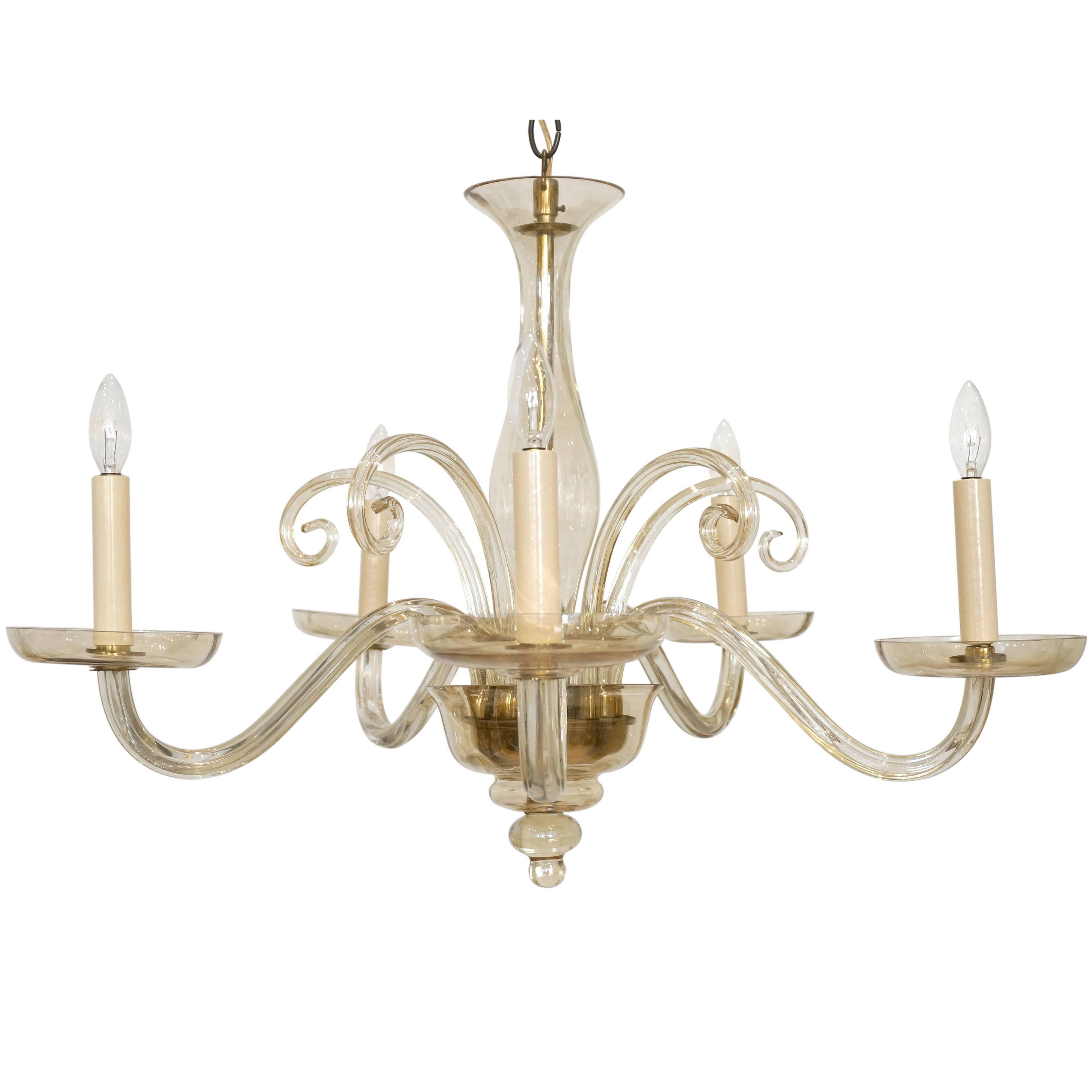 Five-Arm Glass Chandelier with Scroll Form Decoration, France, circa 1970
