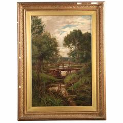 Landscape Painting of Bridges over Stream by Clarence Edward Roe, 19th Century