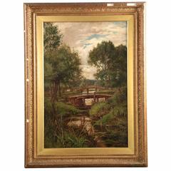 Landscape Painting of Bridges over Stream by Clarence Edward Roe, 19th Century 5