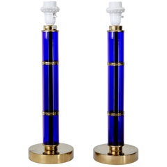 Pair of 1960s Bohemian Blue Glass and Brass Table Lamps