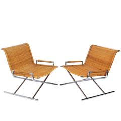 Pair of Chrome and Woven Reed Sled Chairs by Ward Bennett