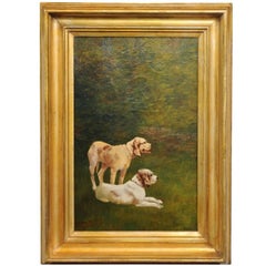 French Dog Oil Painting on Canvas circa 1900 in Antique Giltwood Frame