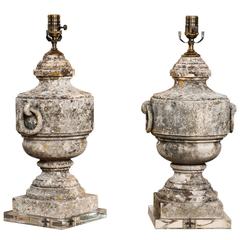 Pair of French 1880s Marble Urns Made into Table Lamps on Custom Lucite Base