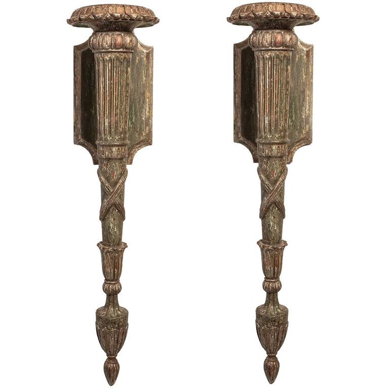 Antique Polychrome Carved Wooden Sconces For Sale at 1stdibs
