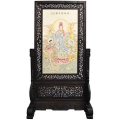 Large Chinese Table Screen with Hand-Painted Quan Yin and Hand-Carved Frame