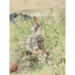 Pretty "Flower Girl" Austrian Painting 1