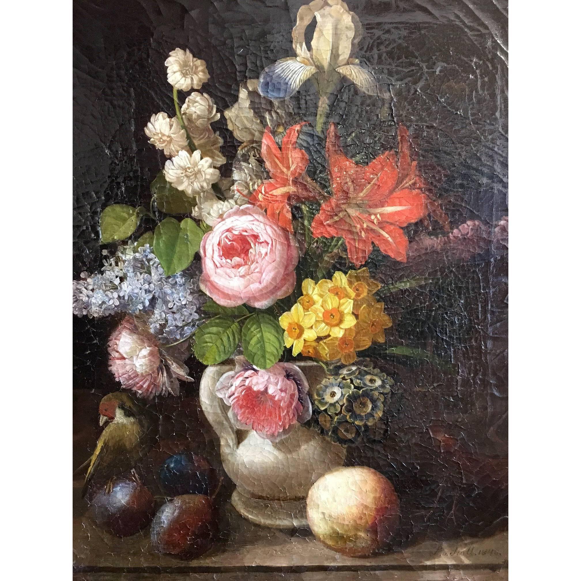 Austrian Still Life of Flowers Fruits and Birds Signed Leopold Von Stoll 1840s