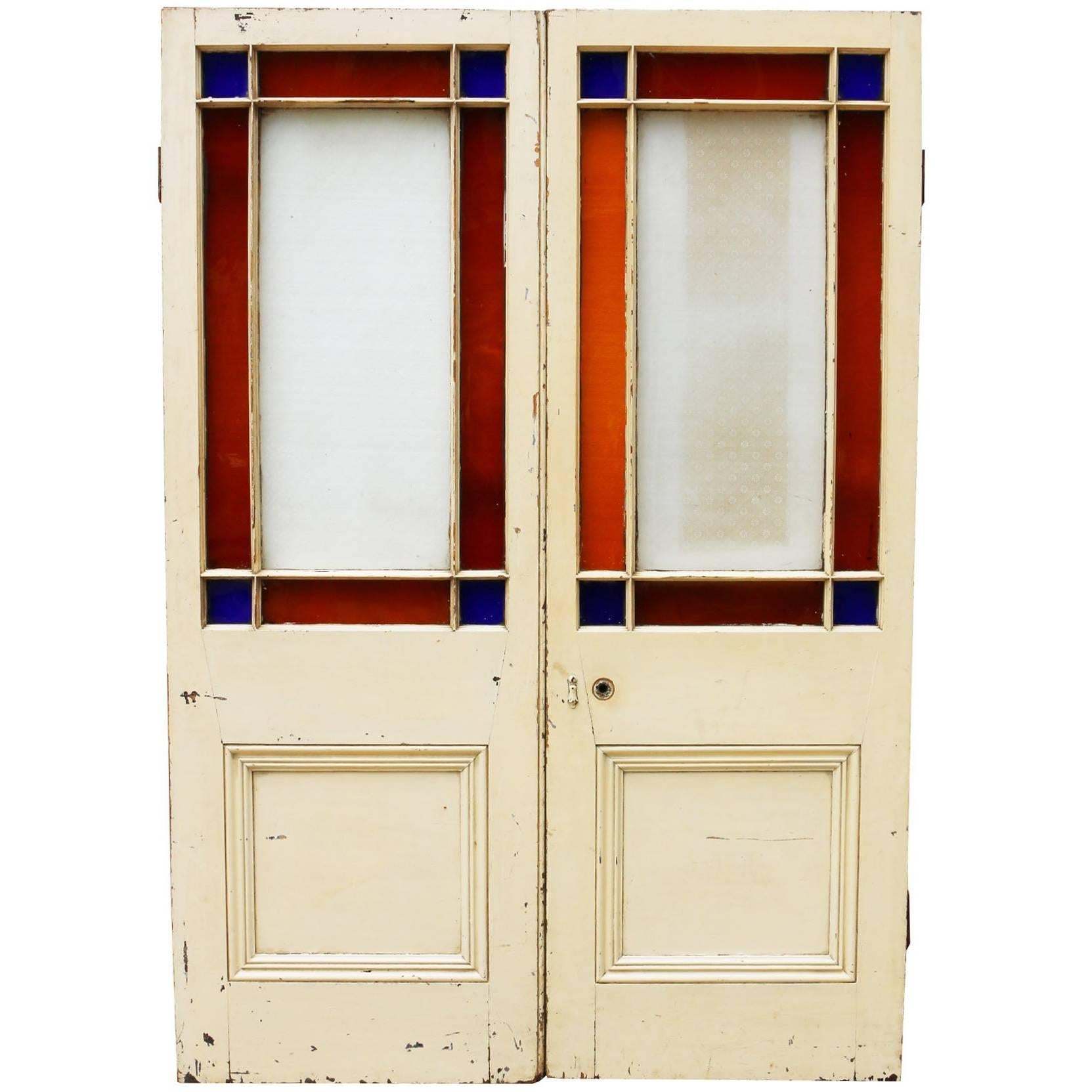 Pair of Victorian Pine Interior Margin Glazed Double Doors